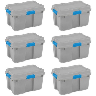 Sterilite 18336A03 30 Gallon Heavy Duty Plastic Storage Container Box with Lid and Latches, Grey/Blue (6 Pack)