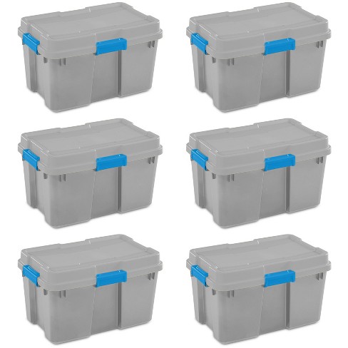 Sterilite 18336a03 30 Gallon Heavy Duty Plastic Storage Container Box With Lid And Latches Grey Blue 6 Pack Target