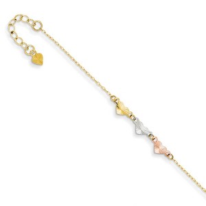 Black Bow Jewelry 14k Tri Color Gold Adjustable Heart Anklet, 9 Inch - 1 of 4