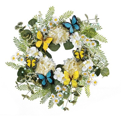 Collections Etc Beautiful Hydrangea Butterfly Garden Hanging Artificial Wreath
