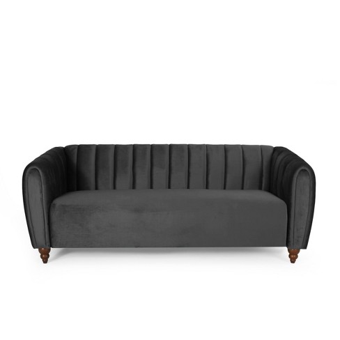 Black Velvet Upholstered Sofa Channel Tufted 3-Seater Sofa