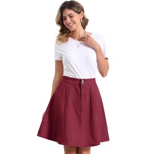 INSPIRE CHIC Women's High Waist A-Line Flared Pleated Above Knee Denim Skirt - 1 of 4