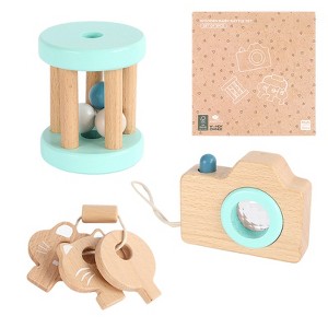 Freniland - 3 PCs Wooden Baby Rattle Toy Set for 10 Months+, Beech Wood Teether & Pretend Camera Toy, Safe & Educational Gift Set (Mint Green) - 1 of 4