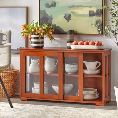 Walnut Wood and Glass Sliding Door Storage Cabinet with Adjustable Shelving