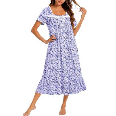 Ekouaer Cotton Long Nightgowns for Women Short Sleeve Button House Dress Purple Floral 3XL : Target