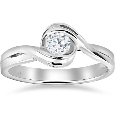Pompeii3 1/2Ct Natural Round Solitaire Diamond Half Bezel Engagement Ring 14k White Gold