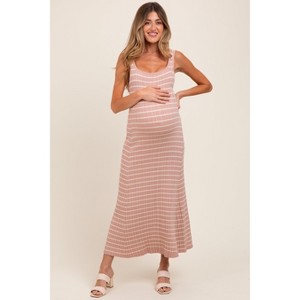 Pink Blush Blush/Cream Lightweight Rib Fit And Flare Maternity Midi Dress - 1 of 3