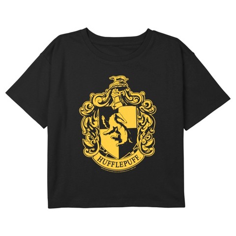 Harry Potter Girl's Harry Potter Classic Hufflepuff House Crest Graphic Graphic Cropped T-Shirt - Black - Large