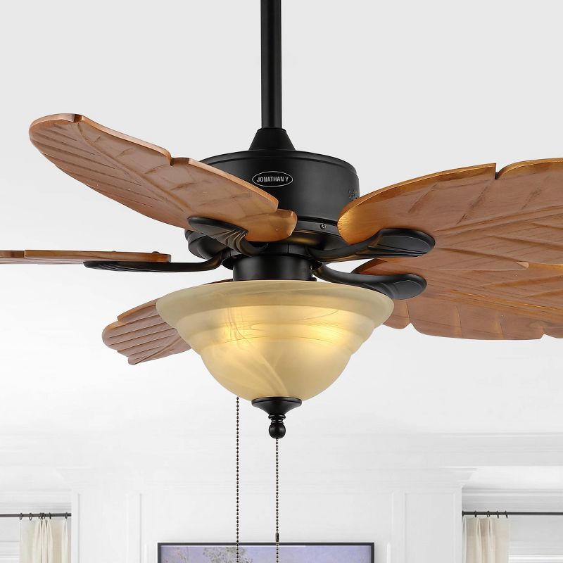 52" 3-Light Poinciana Coastal Iron/Wood Palm Leaf LED Ceiling Fan with Pull Chain - JONATHAN Y, 2 of 14