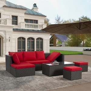 ELJGET 7 Pieces Wicker Outdoor Patio Conversation Set, All-Weather PE Rattan Sectional Sofa Set with Coffee Table, Cushions Cover, Red - 1 of 4