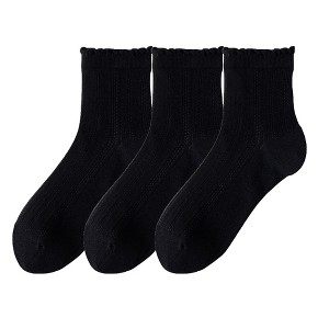 Anna-Kaci 3 Pairs Women's Ruffle Trim Crew Socks Soft Cotton Knit Lightweight Ribbed Texture with Scalloped Edge for Everyday Wear - 1 of 3