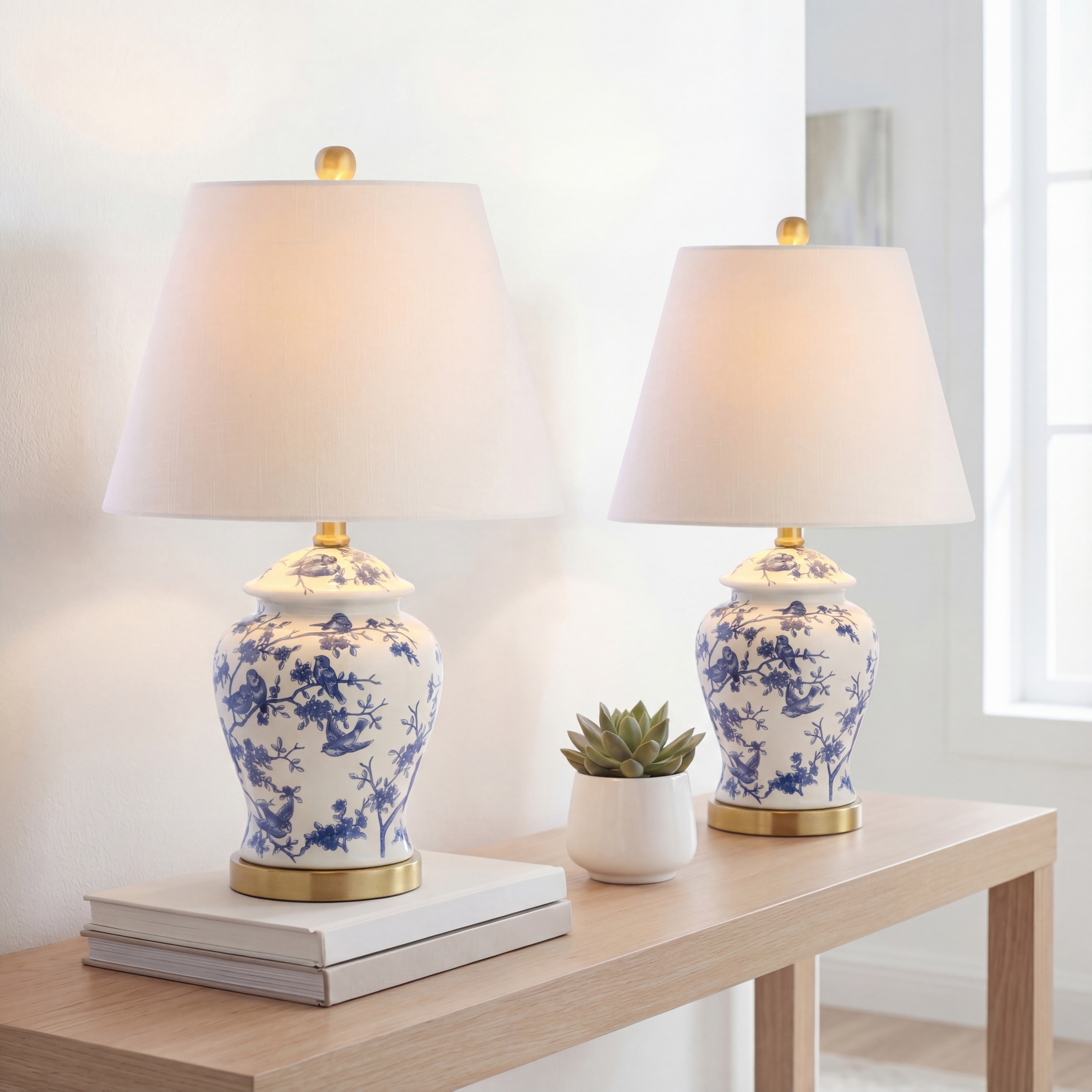 JONATHAN Y Penelope 22" French Country Cottage Ceramic/Iron Chinoiserie Ginger Jar LED Table Lamp, Blue/White (Set of 2)