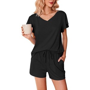 Ekouaer Women's Pajamas Set Ruffle Sleeves Sleepwear V Neck Comfy 2 Piece Pjs Loungewear Set with Pockets - 1 of 4