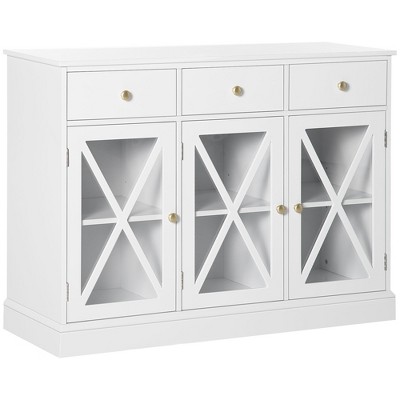 HOMCOM 45" Farmhouse Style Kitchen Sideboard, Serving Buffet Cabinet, Storage Cupboard with Glass Doors and 3 Drawers, White
