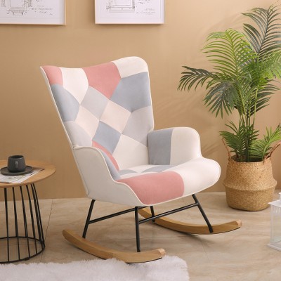 Vynxaria PINK Accent Rocking Chair and Mid Century Fabric Rocker Chair with Wood Legs and Patchwork Linen for Livingroom Bedroom