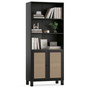 CAVINAS 5 Shelf Decorative Bookshelf with Rattan Doors,Tall Bookcase Display Shelves with Free Standing Design,Modern Bookshelf for Living Room - 1 of 4