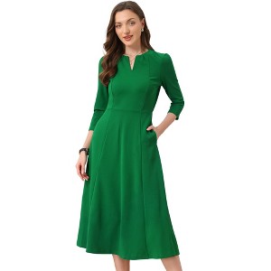 INSPIRE CHIC Women's Elegant Split Neck Side Zipper Pockets 3/4 Sleeve Work A-Line Dress - 1 of 4