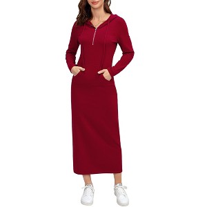 Front Half Zipper Maxi Dress Hoodie Dress Long Sleeve Sweatshirt Hoide Dress Sweat Dress Lounge Dress - 1 of 4