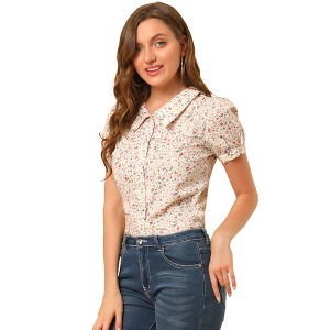 INSPIRE CHIC Women's Puff Short Sleeves Point Collar Button Down Floral Shirts - 1 of 4