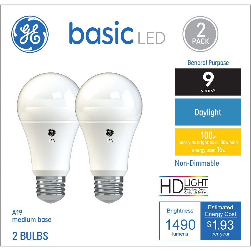 GE 2pk 16W 100W Equivalent Basic LED Light Bulbs Daylight, 1 of 6