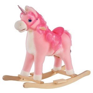 Qaba Rocking Horse, Kids Ride on Horse, Unicorn Design with Wooden Base, Tail Wag & Sounds for Toddlers 3-6 Years Old, Pink - 1 of 4