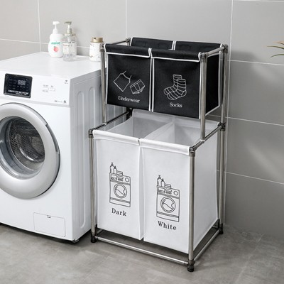 Laundry basket 2-layer four-wheel clothes sorting machine, 4 detachable bags, bathroom laundry bags, living room bedroom laundry basket