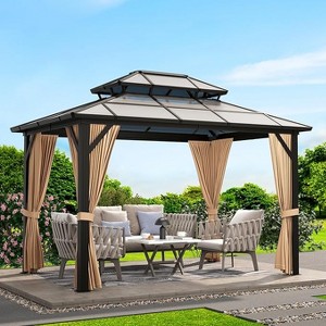 10' x 12' Hardtop Gazebo, Metal Gazebo Aluminum Frame Double Galvanized Steel Roof Curtains Netting Included Pergolas for Patios Garden Parties Khaki - 1 of 4