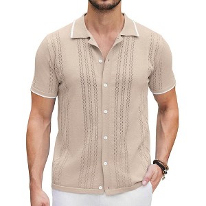 COOFANDY Men's Knit Button Down Shirt Vintage Short Sleeve Polo Shirts Casual Beach Tops - 1 of 4