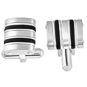 Pompeii3 Men's Polished Stainless Steel And Brushed Black Striped 12.5mm Cufflink - 1 of 3