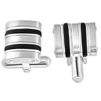 Pompeii3 Men's Polished Stainless Steel And Brushed Black Striped 12.5mm Cufflink