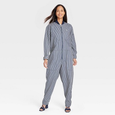 Houston White Adult Long Sleeve Denim Flight Suit - Blue Striped