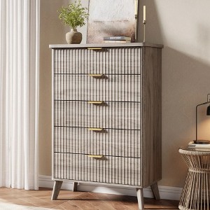 5 Drawer Dresser for Bedroom, Tall Fluted Wood Chest with Gold Handles, Modern Dressers with Thickened Design for Living Room - 1 of 4