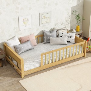 ORRD Twin size Floor Platform Bed with Built-in Book Rack,Natural - 1 of 4