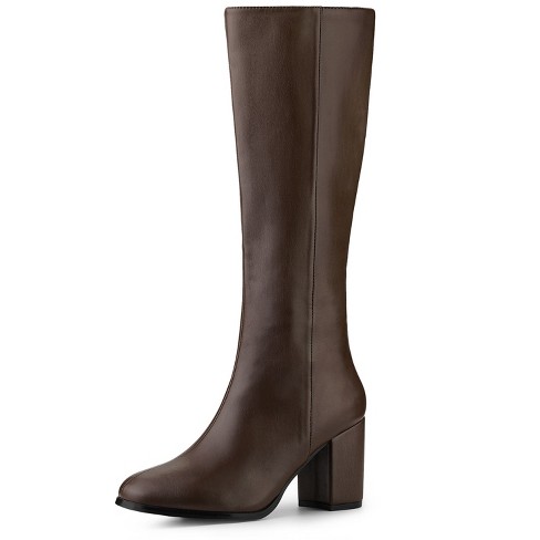 Allegra K Women's Round Toe Block Heels Knee High Boots Coffee 9.5 : Target
