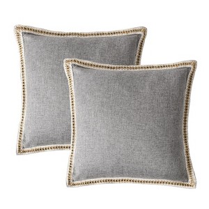 Angel Sar Set of 2 Vintage Linen Trim Throw Pillow Covers, 20x20 Inch Gray Cushion Covers with Textured Edge for Sofa Bed Chair - 1 of 4