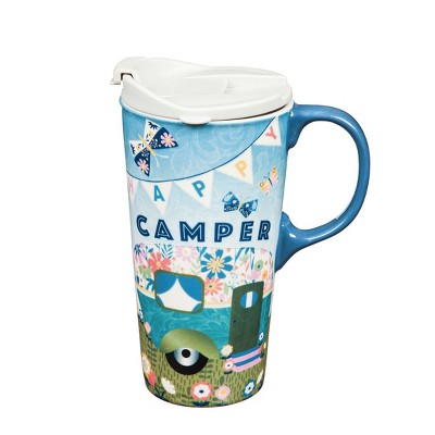 Evergreen Ceramic Travel Cup, 17 OZ. ,w/box, Happy Camper
