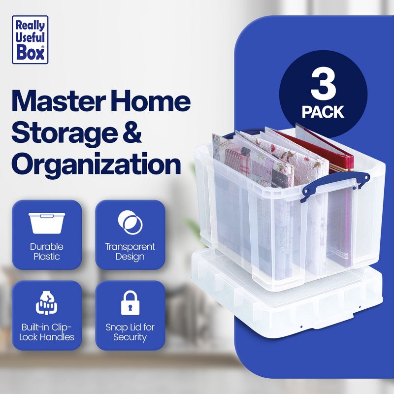 Really Useful Box 35 Liters Transparent Storage Container with Snap Lid and Clip Lock Handle for Lidded Home and Item Storage Bin, 3 Pack, 2 of 7