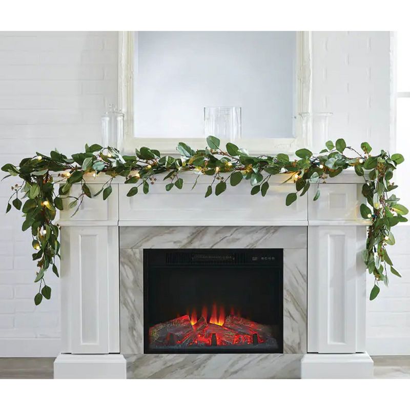 Noma Pre-Lit 9 Foot Artificial Eucalyptus Christmas Garland Holiday Decor with Battery Operated Warm White LED Lights for Banisters & Doorways, Green, 5 of 7