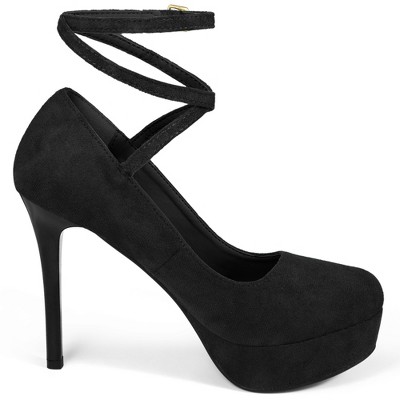 BLISSFUL STEP Women's Round Toe Stiletto Heel Cross Strap Lace Up Buckle Pumps