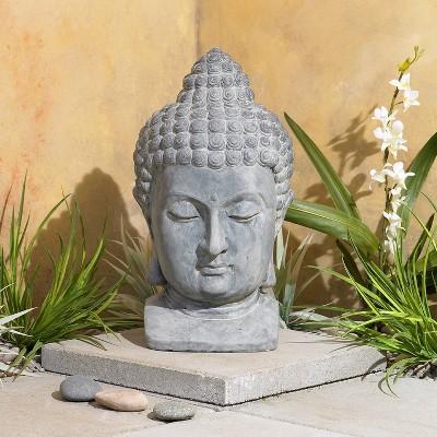 Gray Faux Stone Meditating Buddha Head Statue Sculpture 18 1/2" Tall