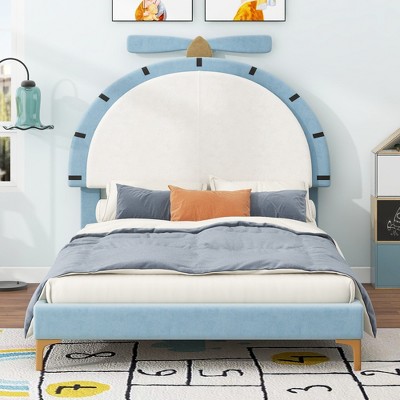 NicBex Twin Size Upholstered Platform Bed Frame with Alarm Clock Shaped Headboard for Kids,Wood Slats Support,No Box Spring Needed,Easy Assembly,Blue