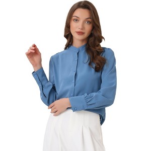 INSPIRE CHIC Women's Mandarin Collar Office Long Sleeve Button Down Shirt - 1 of 4