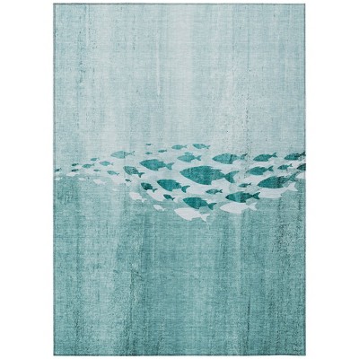 Teal Blue Aqua And Ivory Nautical Washable Indoor Outdoor Area Rug