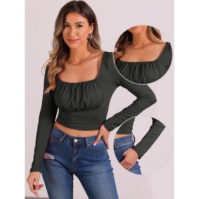 Allegra K Women's Square Neck Crop Top Casual Ruched Long Sleeve T Shirt