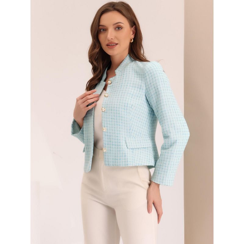 Allegra K Women's Plaid Tweed Long Sleeve Button Down Work Office Short Jacket, 2 of 5