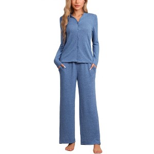 cheibear Women's Long Sleeve Button Down Tops with Pants Sleepwear Pajamas Sets - 1 of 4