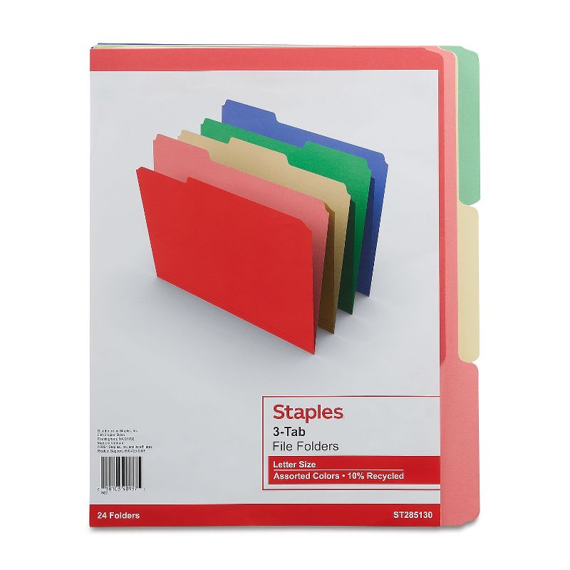 Staples Colored Top-Tab File Folders 3 Tab Assorted Colors Letter Size 24/PK TR285130/285130, 2 of 8
