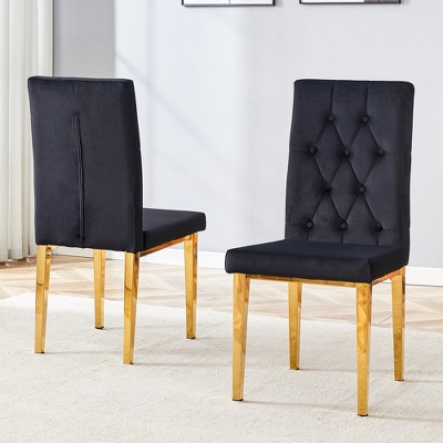 Vynxaria Set of 2 Black Velvet Dining Chairs with Gold Metal Legs