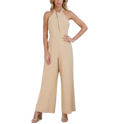 EG PRO Women Jumpsuit Crossed Neck Keyhole Racerback Solid Crepe Latte 10