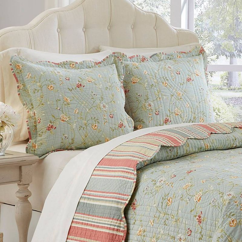 3pc King Floral Stripe Garden Glitz Reversible Bedspread Set Sage Green/Red/Cream - Waverly, 3 of 8
